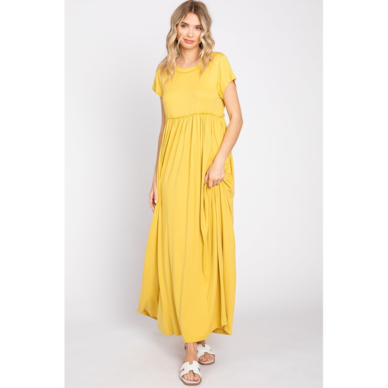 Yellow Short Sleeve Pocketed Maxi Dress