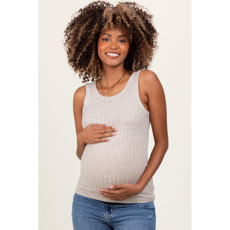 Beige Heather Ribbed Scoop Neck Maternity Tank