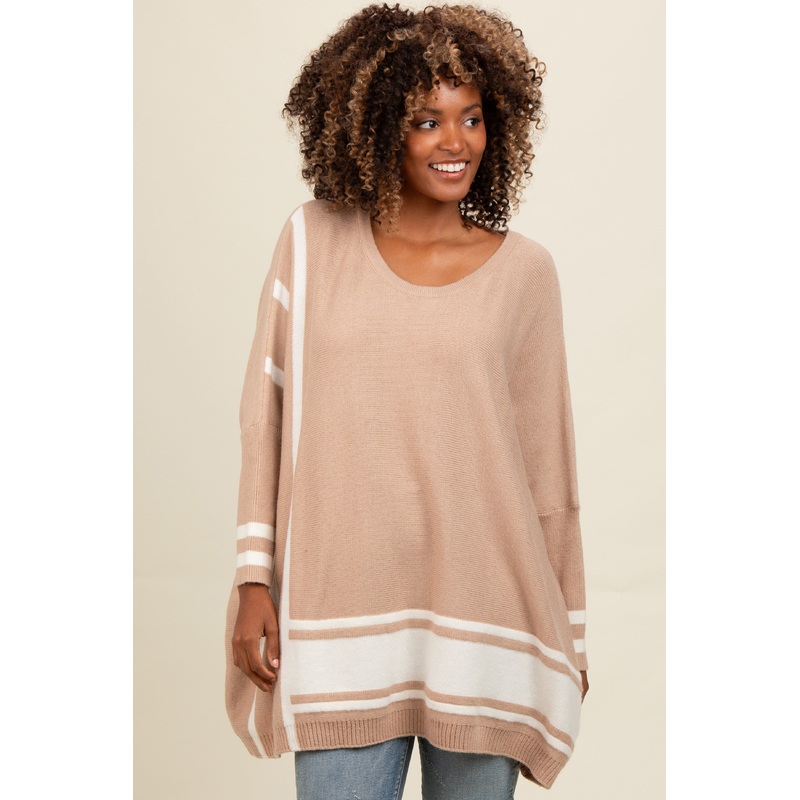 Beige Mixed Stripe Dolman Sleeve Sweater