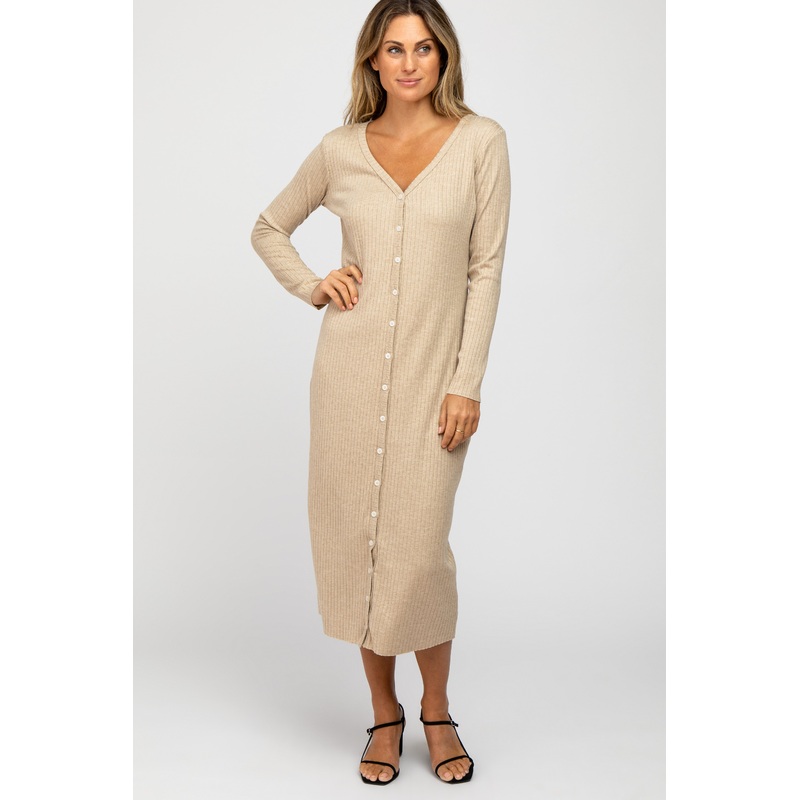 Beige Ribbed Button Front Midi Cardigan Dress