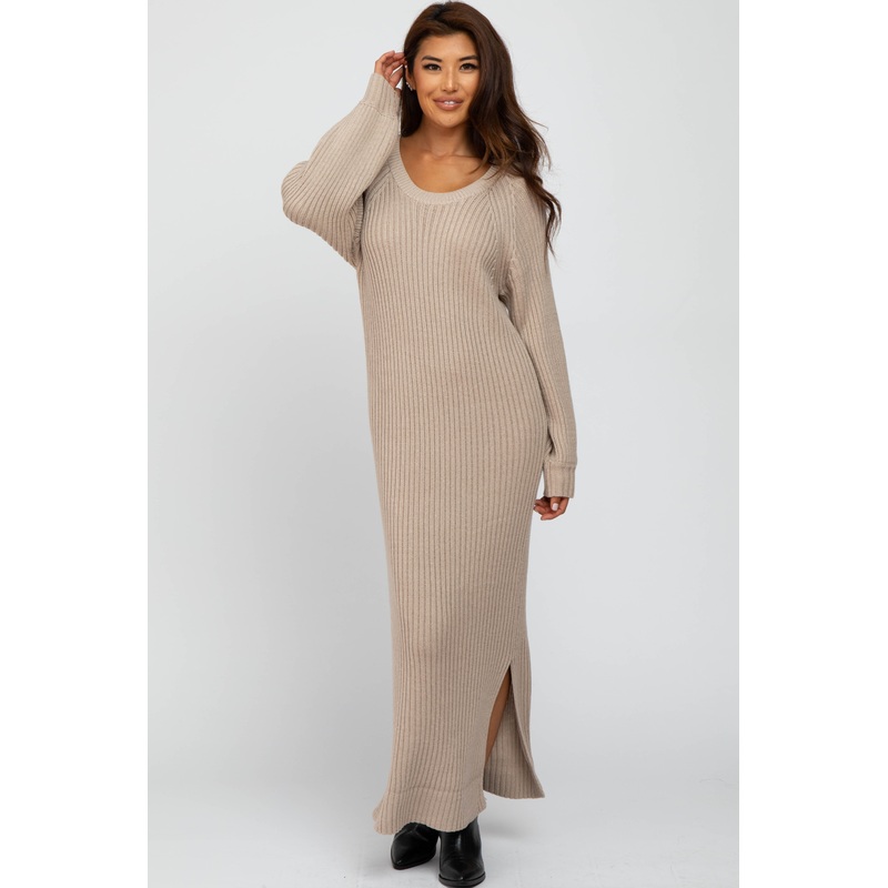 Beige Side Slit Maxi Sweater Dress