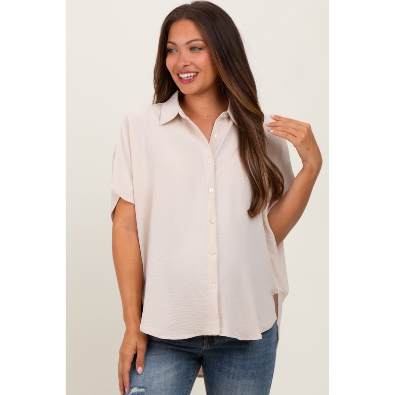 Beige Solid Collared Button-Up Maternity Top