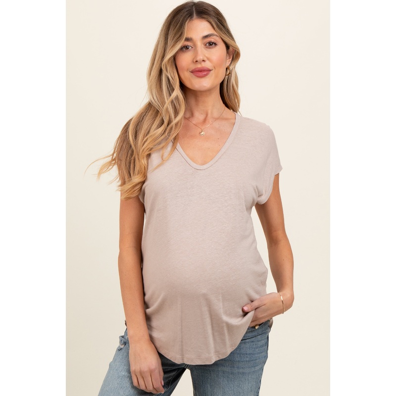 Beige V-Neck Maternity Top