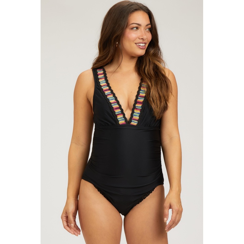 Black Crochet Accent Sleeveless Maternity One Piece Swimsuit