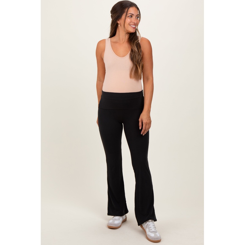 Black Fold Over Waistband Maternity Flared Pants