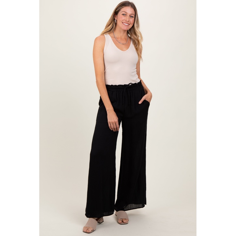 Black Ruffled Drawstring Waist Wide Leg Pants