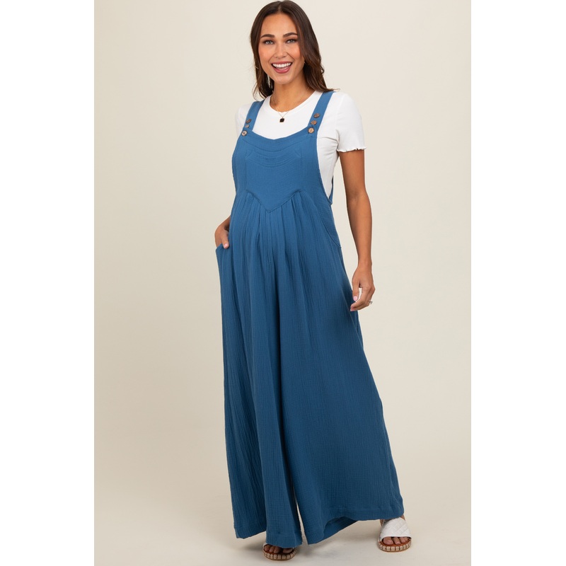 Blue Pocket Front Maternity Wide Leg Jumpsuit