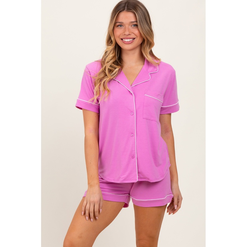 Mauve Short Sleeve Button Down Shirt Shorts Set