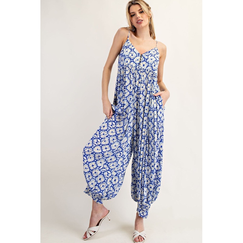 Royal Blue Printed Button Detail Jumpsuit