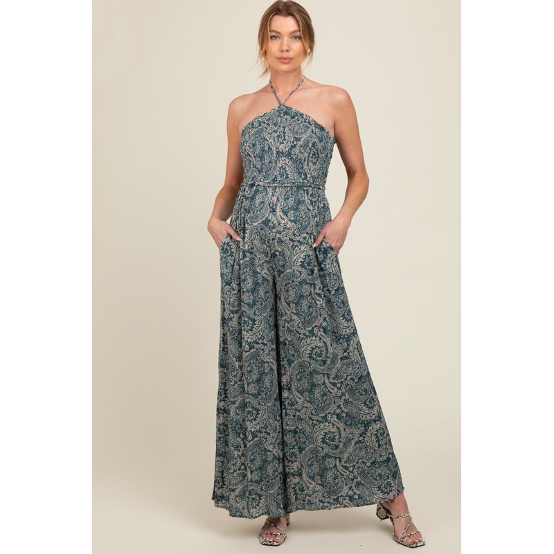 Teal Print Back Cutout Smocked Halter Wide Leg Maternity Jumpsuit