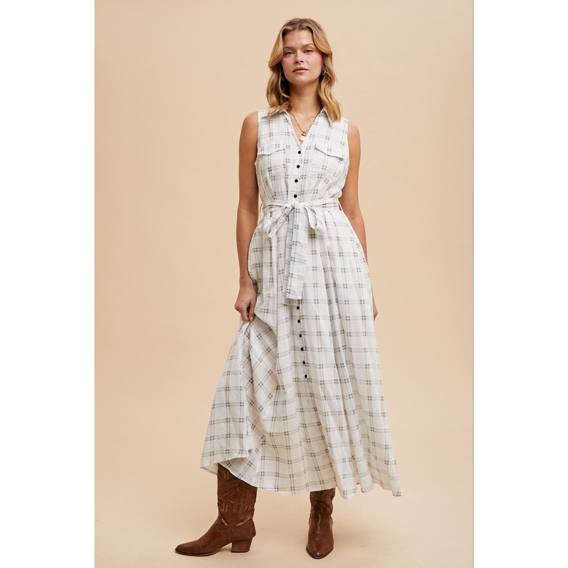 White Plaid Sleeveless Sash Tie Shirt Dress
