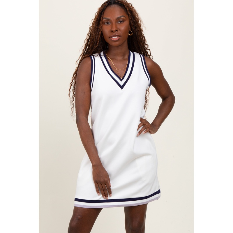 White Sleeveless Border Detail V-Neck Mini Dress