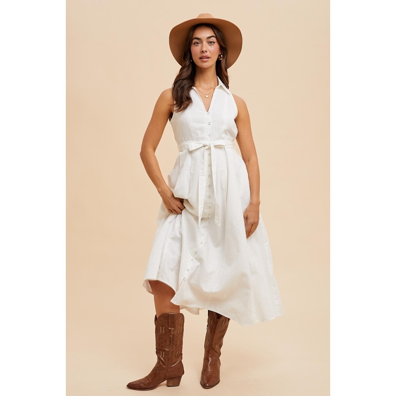 White Sleeveless Linen Blend Midi Shirt Dress