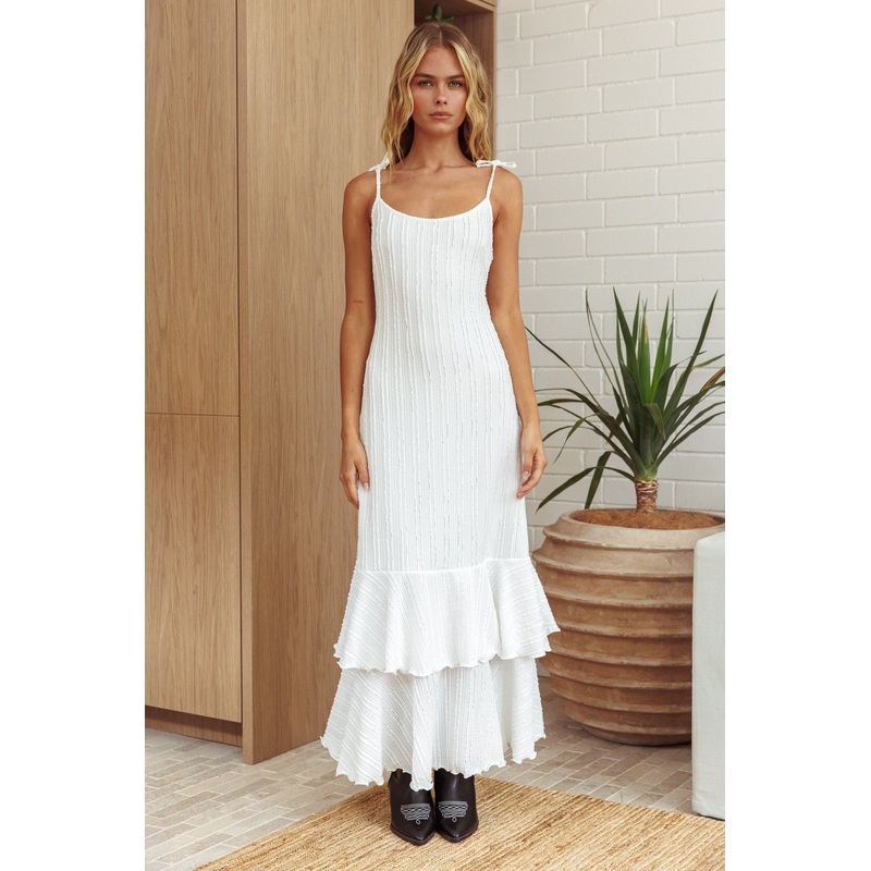 White Textured Shoulder Tie Layered Hem Maxi Dress