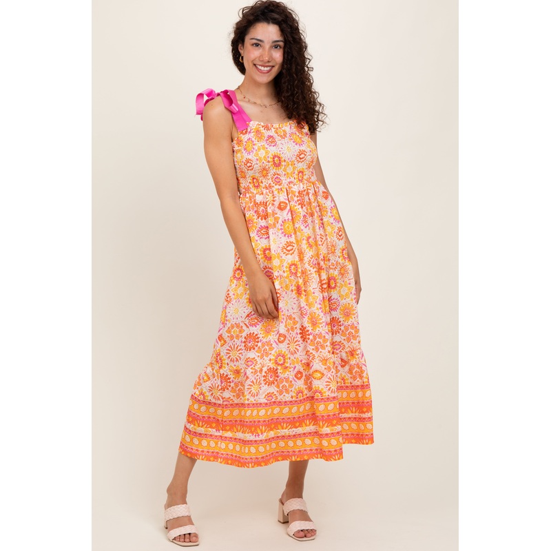 Yellow Floral Shoulder Tie Smocked Midi Dress