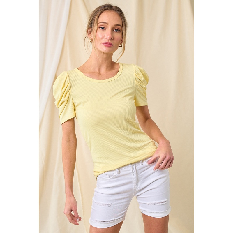 Yellow Ribbed Ruched Short Sleeve Top