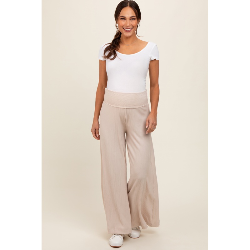 Beige Ribbed Foldover Waist Maternity Wide Leg Pants