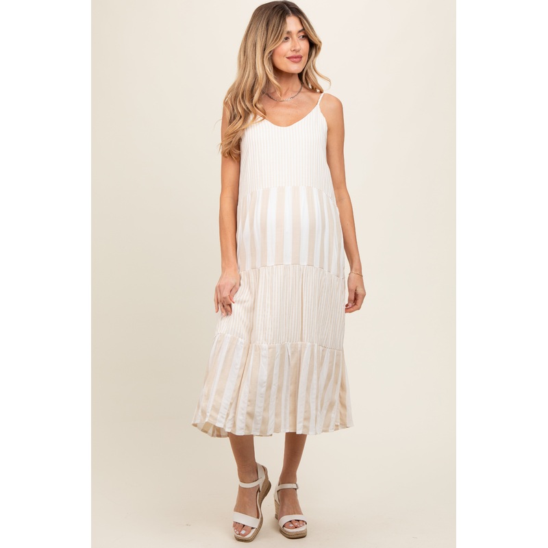 Beige Striped Side Pocket Maternity Midi Dress
