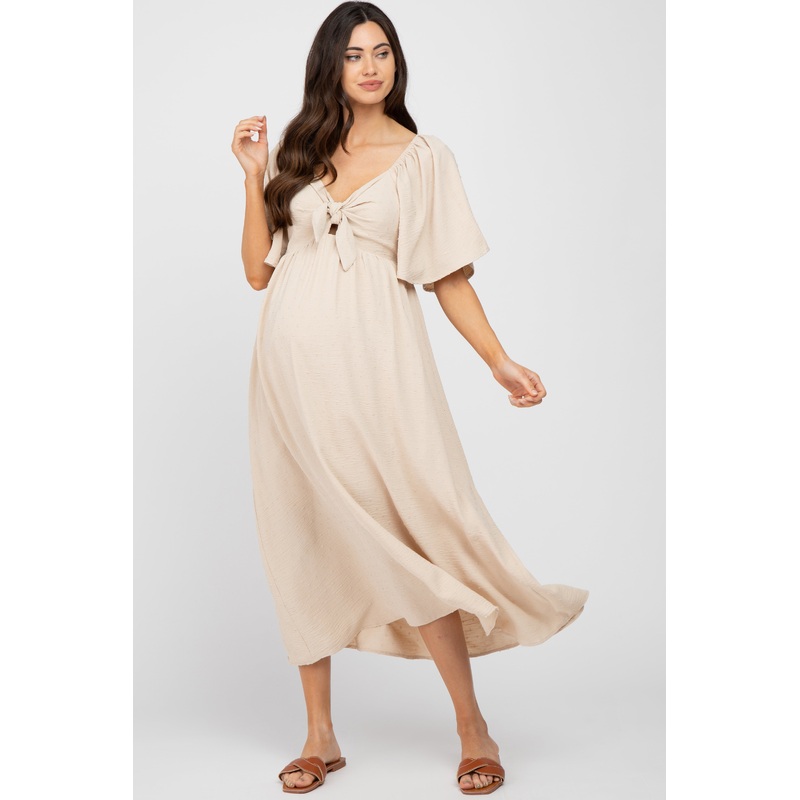 Beige Textured Dot Front Tie Ruffle Sleeve Maternity Midi Dress