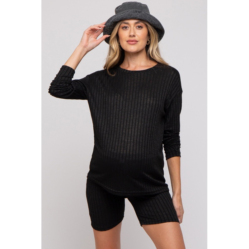 Black Ribbed Long Sleeve Maternity Shorts Set