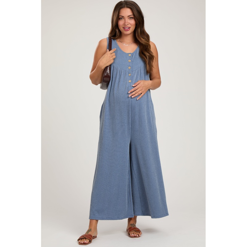 Blue Ribbed Sleeveless Button Front Maternity Jumpsuit