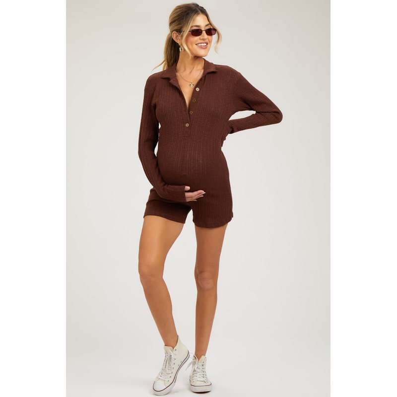 Brown Rib Knit Collared Maternity Romper