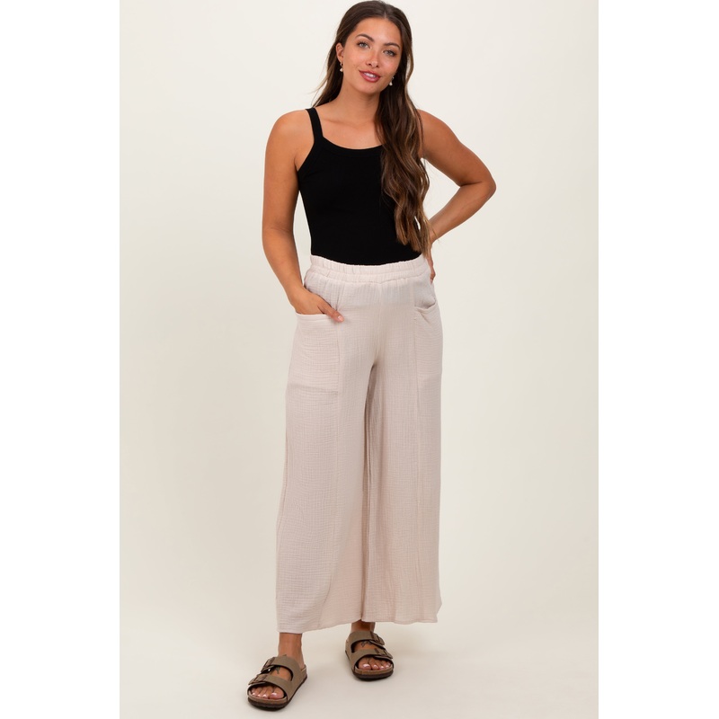 Cream Cotton Gauze Wide Leg Maternity Pants