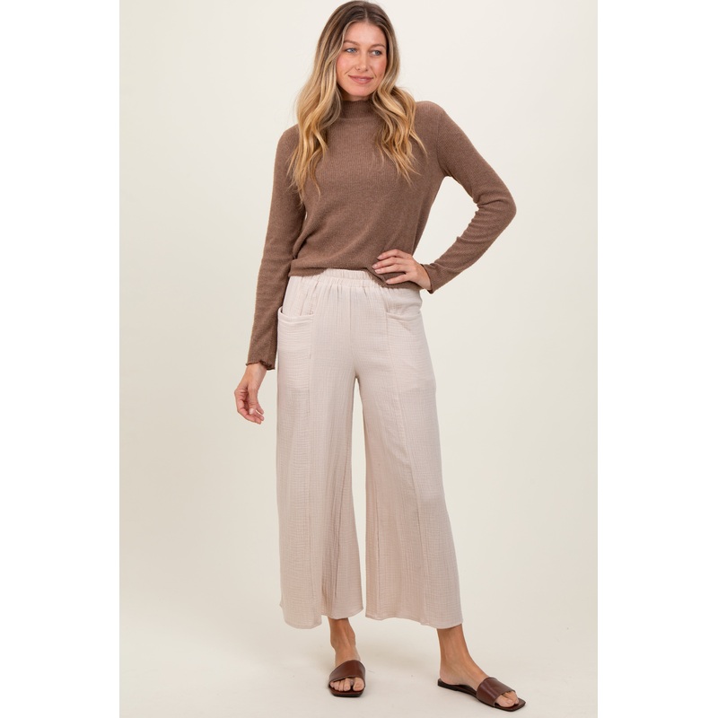Cream Cotton Gauze Wide Leg Pants
