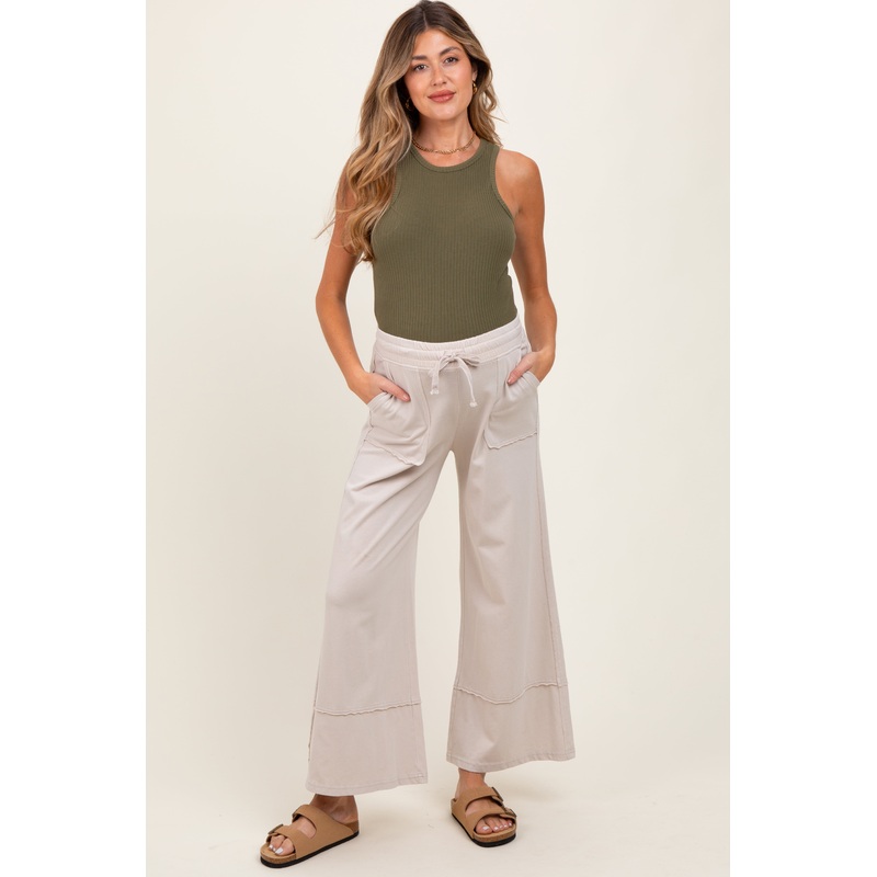 Cream Mineral Wash Wide Leg Ankle Maternity Pants