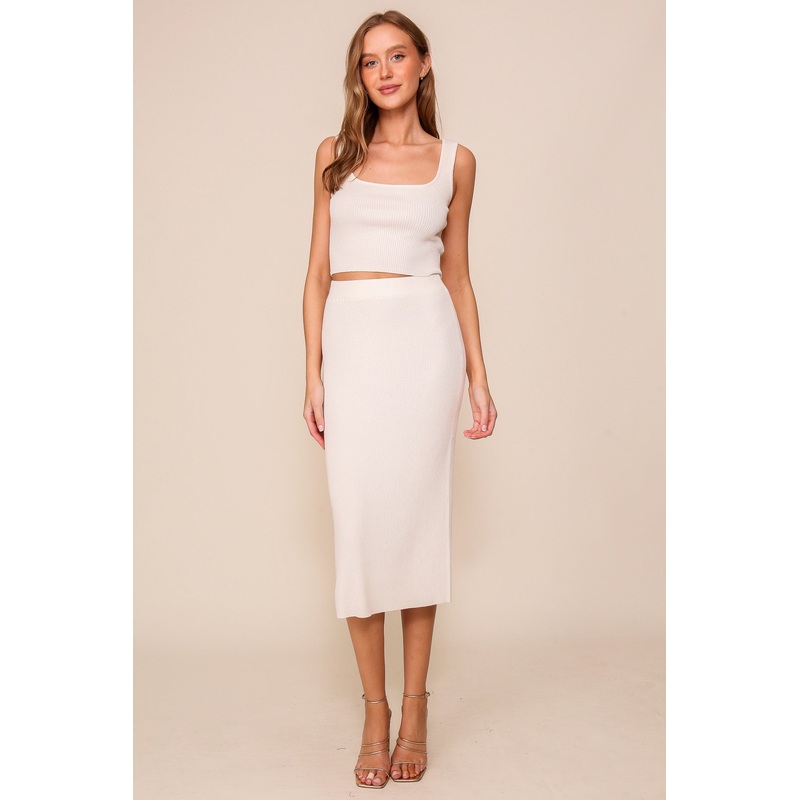 Cream Ribbed Square Neck Sleeveless Crop Skirt Set