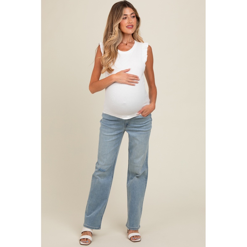 Light Blue Distressed Relaxed Straight Leg Maternity Jeans