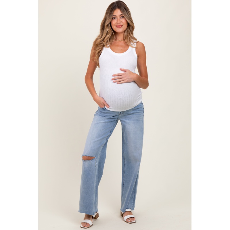 Light Blue Ripped Knee Uneven Raw Hem Wide Leg Maternity Jeans