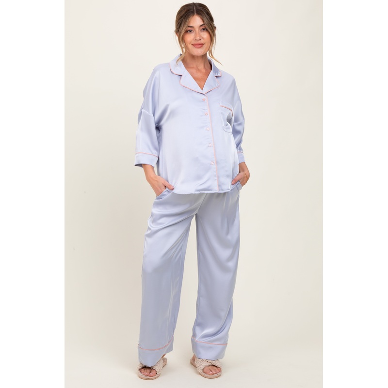 Light Blue Satin Contrast Trim Pajama Pant Maternity Set