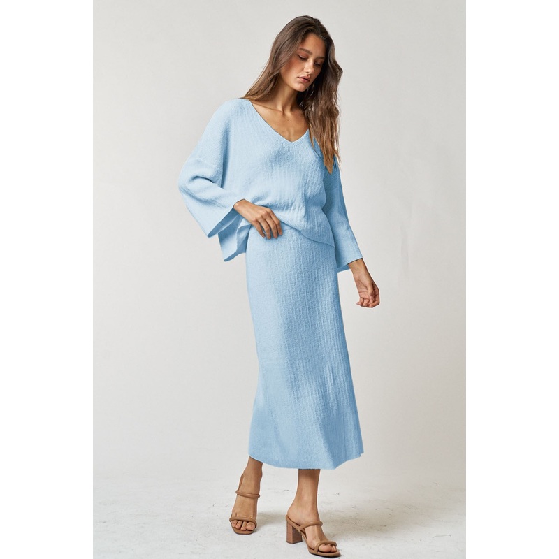 Light Blue V-Neck Knit Skirt Set