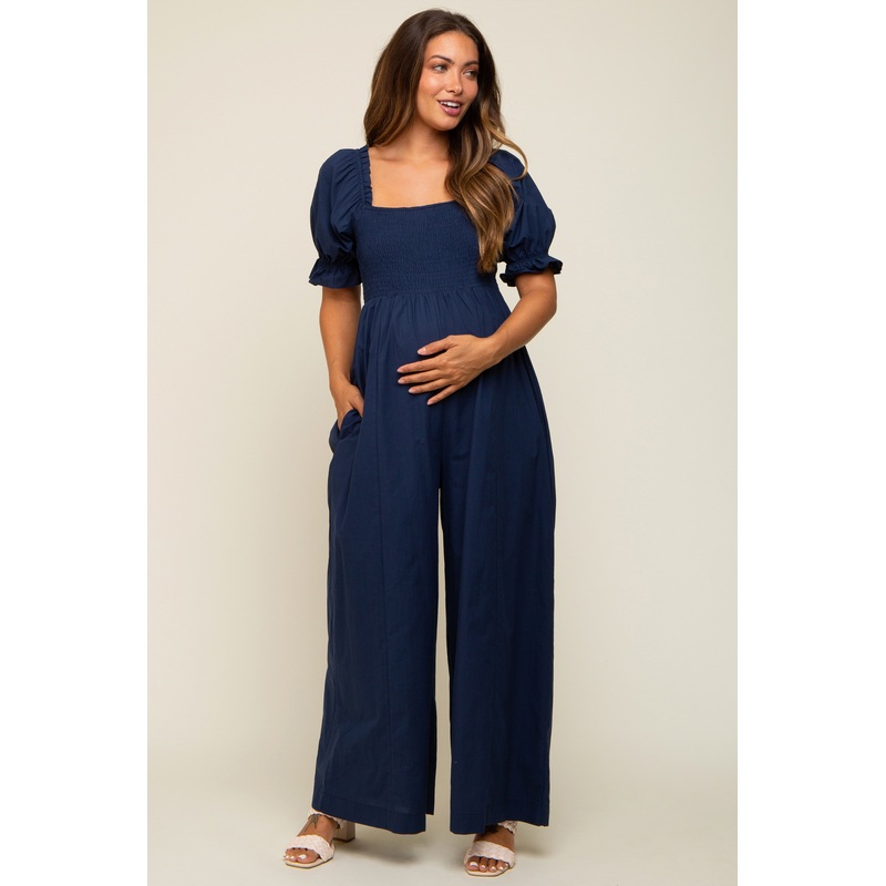 Navy Smocked Square Neck Wide Leg Maternity Jumpsuit