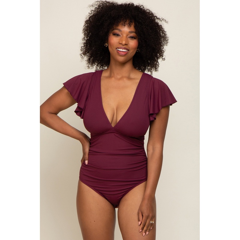 Plum Deep V-Neck Flounce One Piece Swimsuit