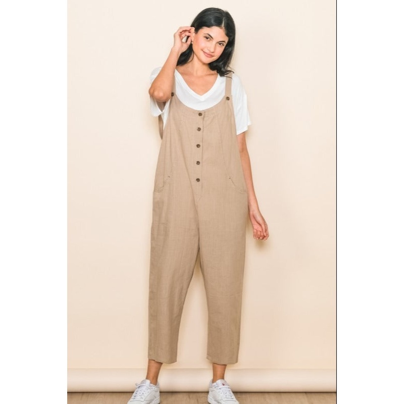 Taupe Button Down Cropped Jumpsuit