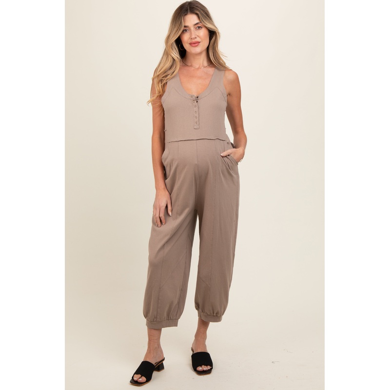 Taupe Loose Fit Sleeveless Maternity Jumpsuit