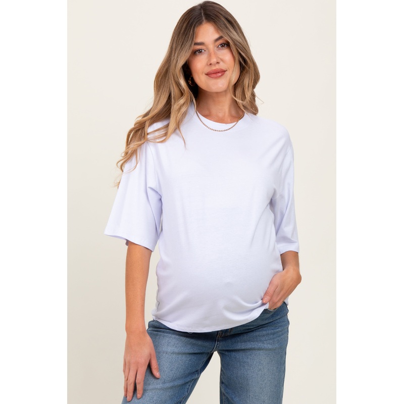 White Crew Neck Oversized Maternity Tee