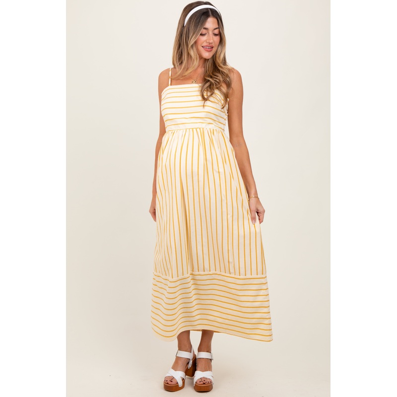 Yellow Striped Sleeveless Maternity Maxi Dress