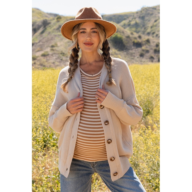 Beige Basic Ribbed Maternity Cardigan Sweater
