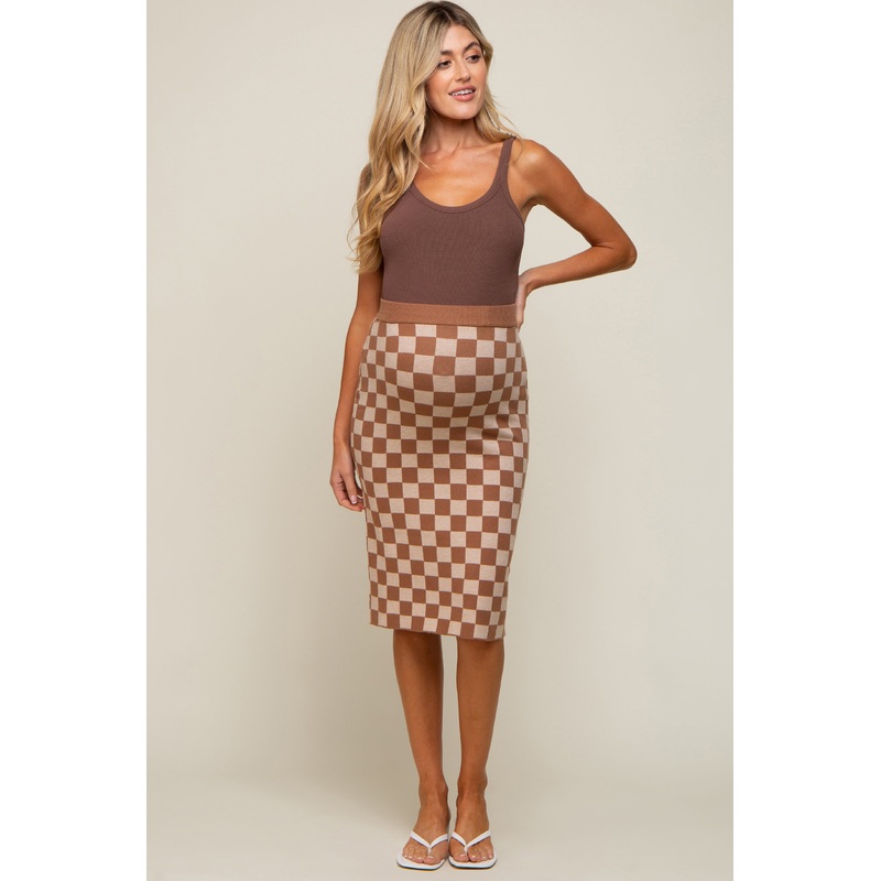 Beige Checkered Knit Maternity Skirt
