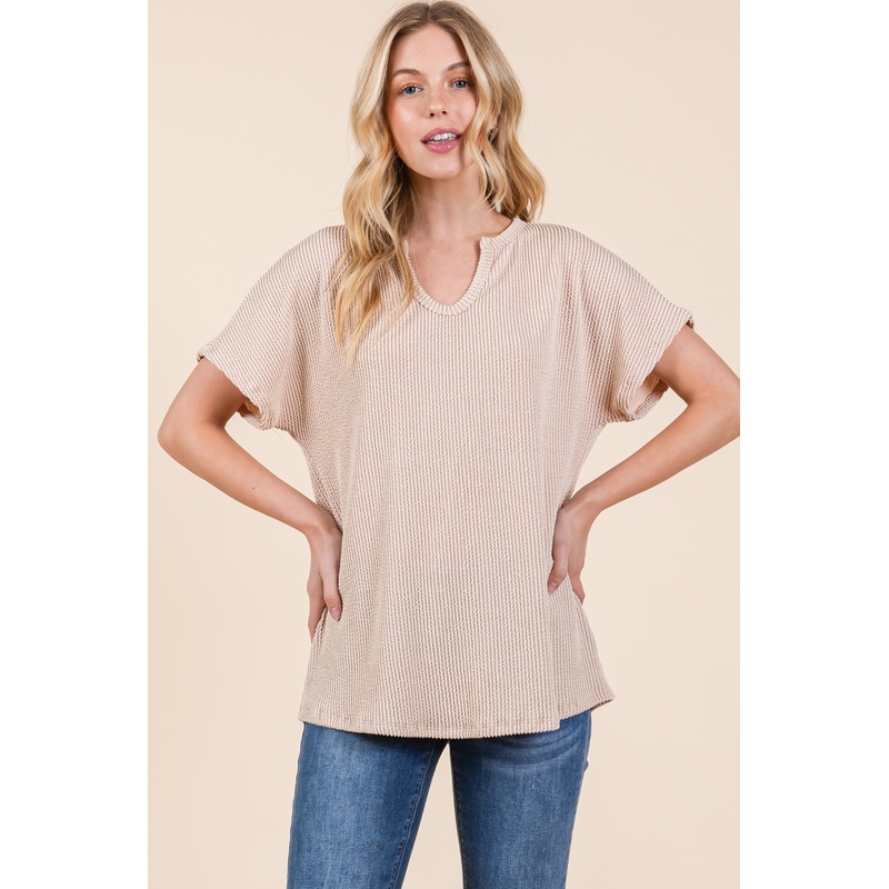 Beige Ribbed Notched Neckline Top