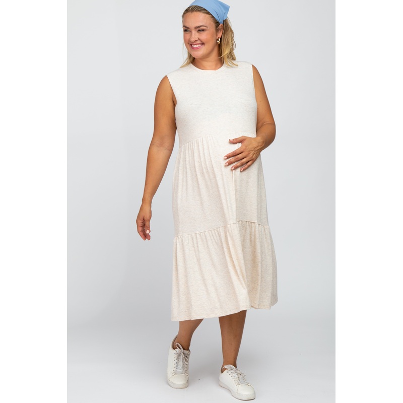 Beige Ribbed Sleeveless Plus Maternity Midi Dress