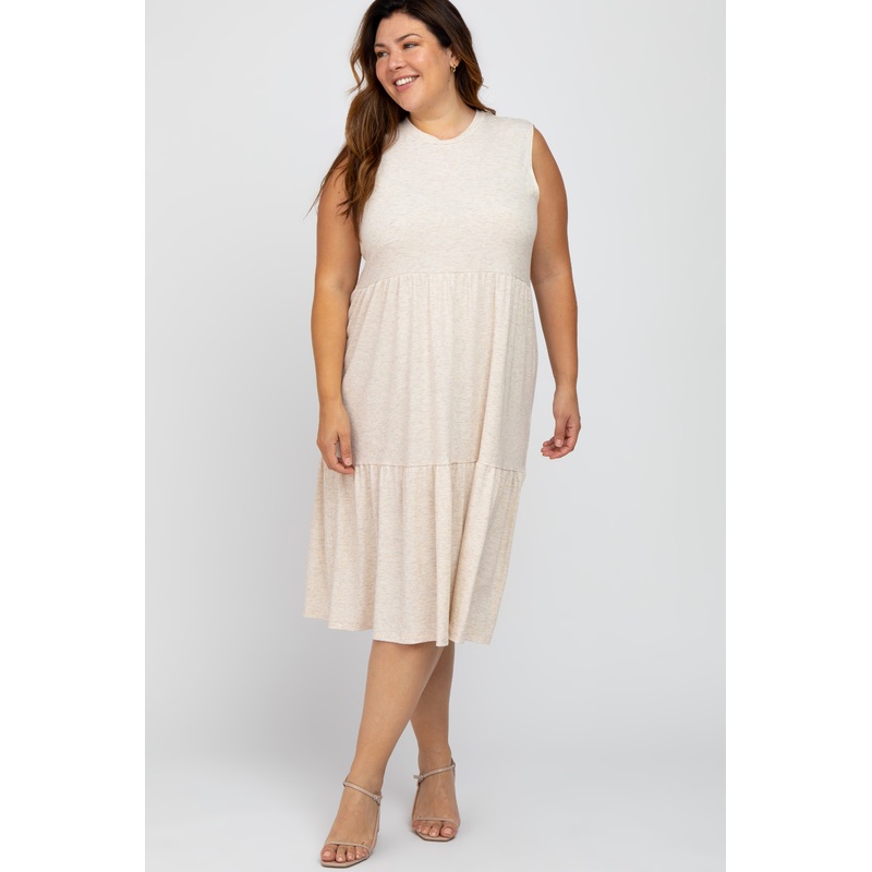 Beige Ribbed Sleeveless Plus Midi Dress