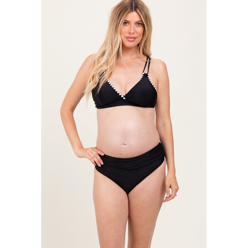 Black Crochet Detail Double Strap Maternity Bikini Set