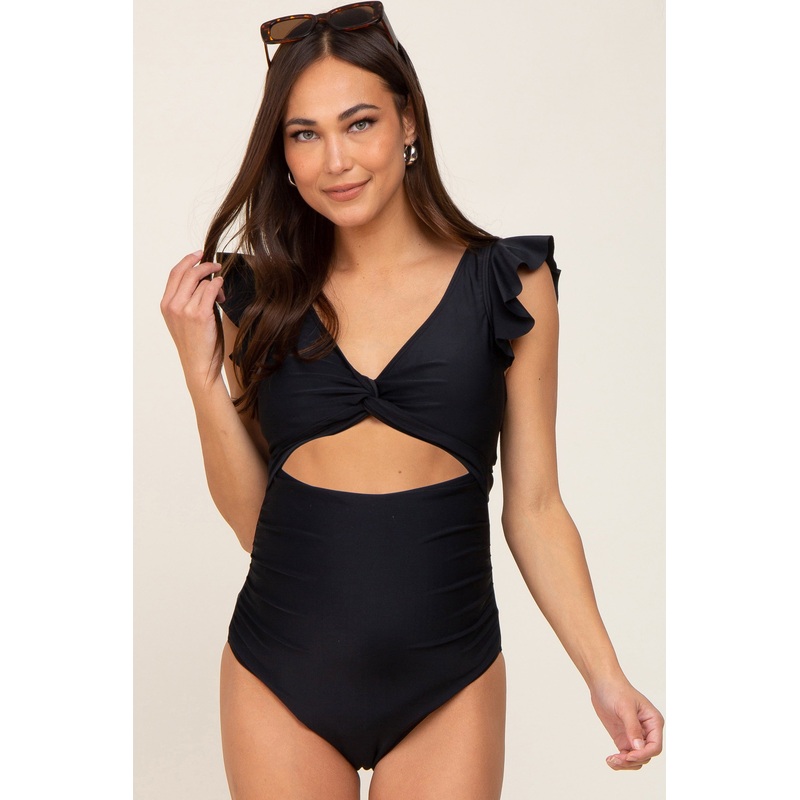 Black Cutout Flutter One Piece Maternity Swimsuit