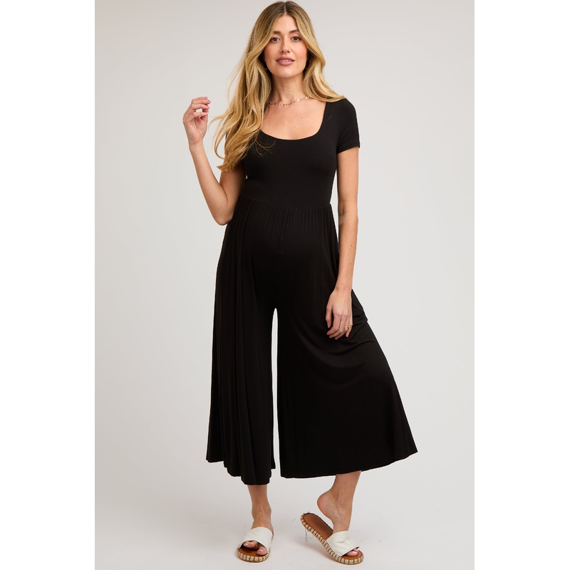 Black Short Sleeve Pocketed Maternity Jumpsuit