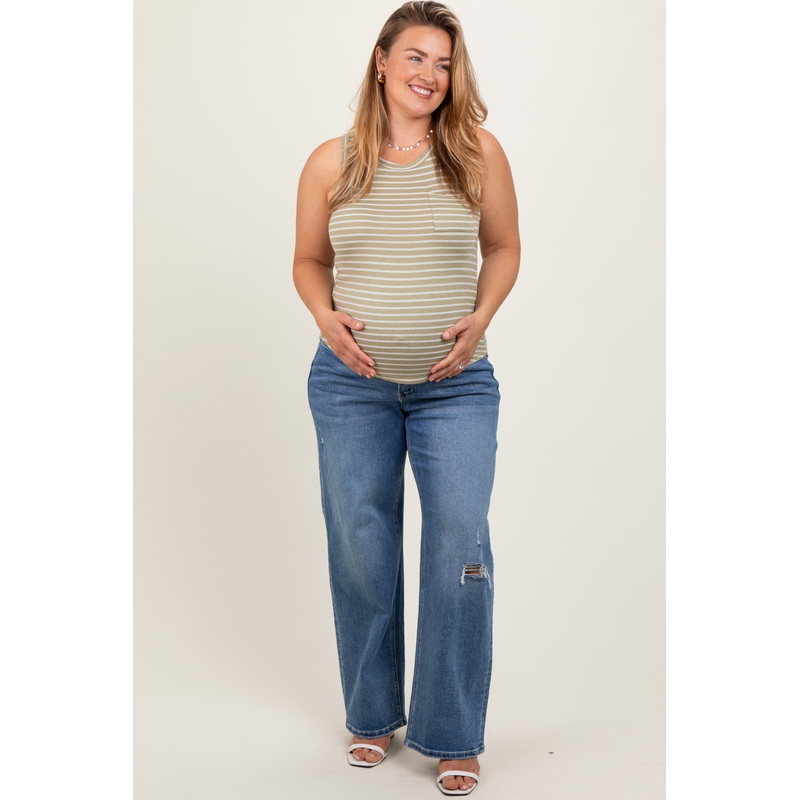 Blue Distressed Open Knee Wide Leg Maternity Plus Jeans