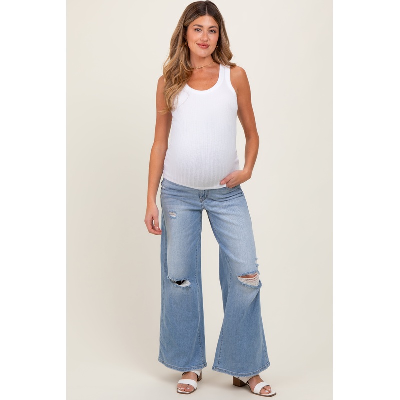 Light Blue Ripped Knee Baggy Wide Leg Maternity Jeans